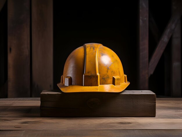 Old hard hat on a wooden table in front of a dark background