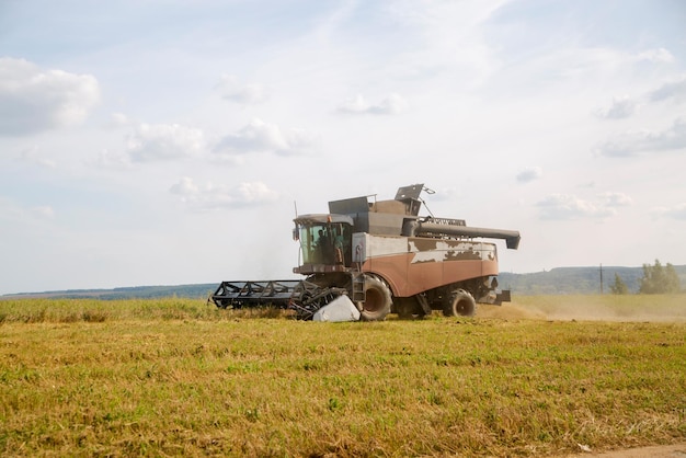 写真 古い収穫機は畑を耕します収穫機は夏の日に播種された農地から小麦を収穫します