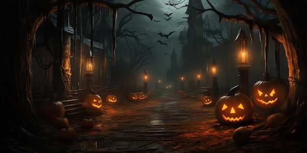 Старый дом с призраками в жутком темном лесу Полная луна концепция Хэллоуина
