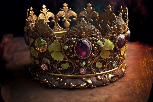 Old heavy gold crown with stones on table