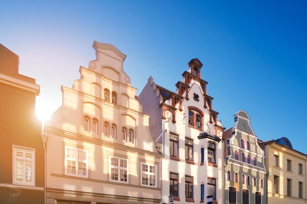 Old historic buildings Wismar Germany Empty square early morning