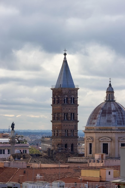 Old Historic Catholic Church in City of Rome Italy Aerial View Cloudy Sky