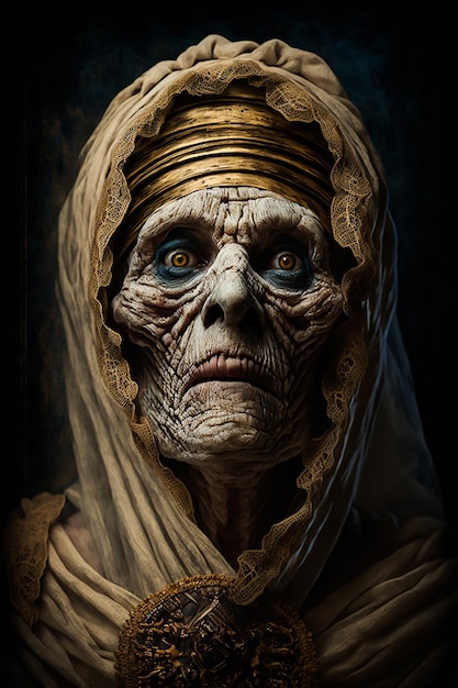 Old hollow female mummy witch in coffin covering all body by old white fabrics