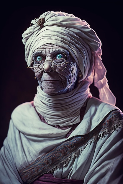 Old hollow female mummy witch in coffin covering all body by old white fabrics