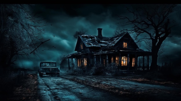 Ночной вид на старое здание ужасов