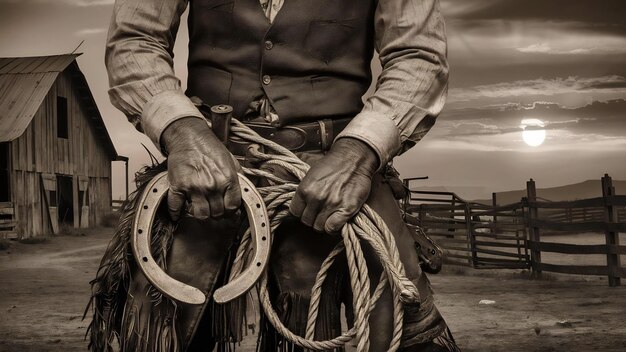 Photo old horseshoe lariat lasso and cowboy