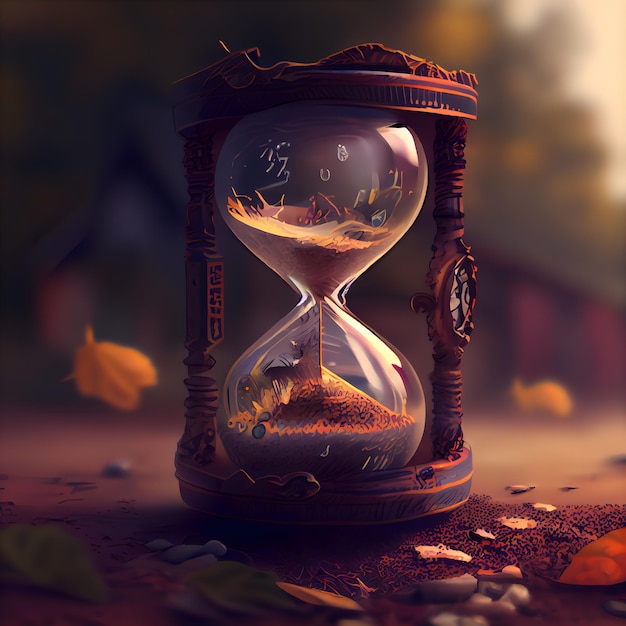 Old hourglass on the background of autumn leaves 3d rendering