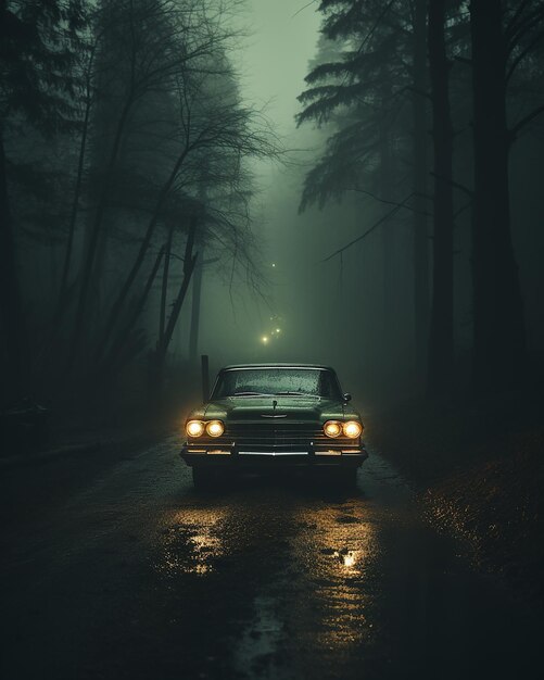 Old house car on a foggy road through the middle of a forest in the style of dark teal and dark