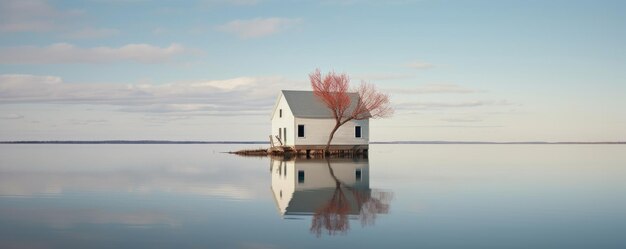 An old house on the edge of lake or water panorama photo