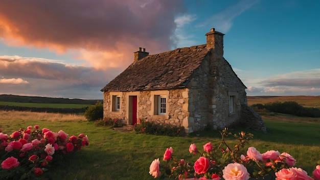 Old house in the field with pink roses and blue sky with clouds