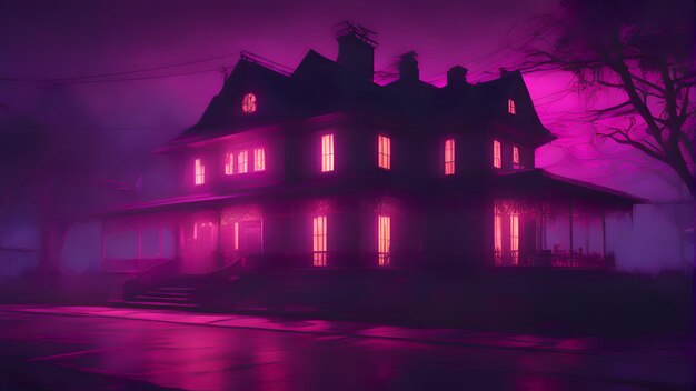 Photo old house in a foggy night halloween concept 3d rendering