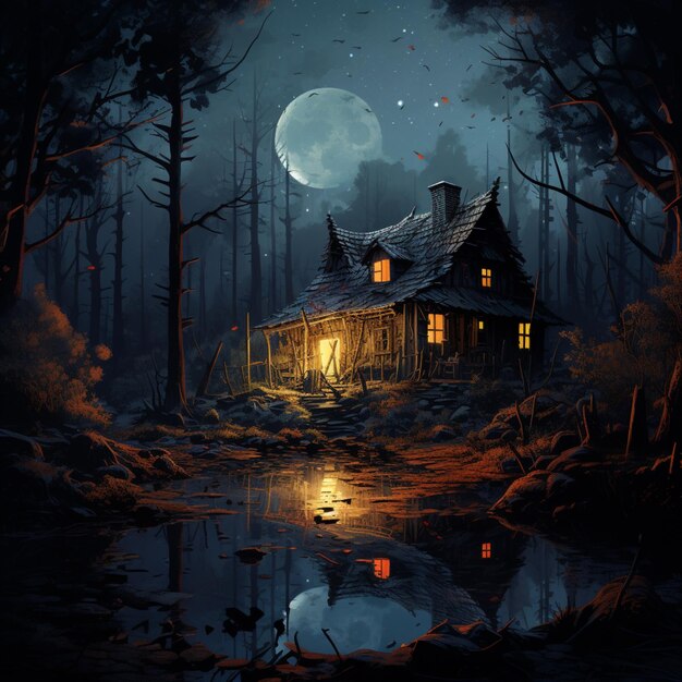 old house in the forest in the night a full moon