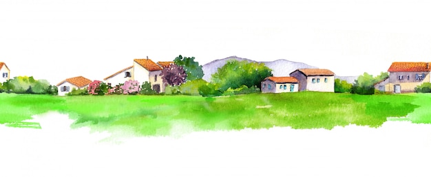 old house and green meadow.