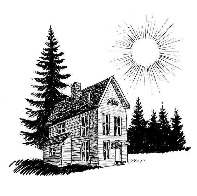 古い家と木。インク白黒描画