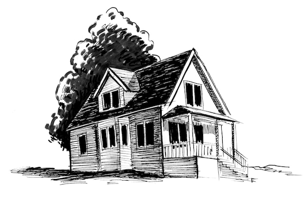 Old house and tree. Ink black and white drawing