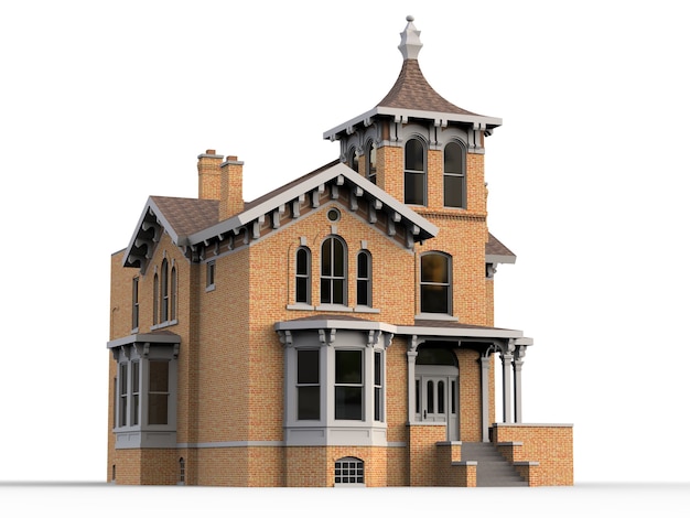 Old house in Victorian style. Illustration on white background. Species from different sides. 3d rendering.