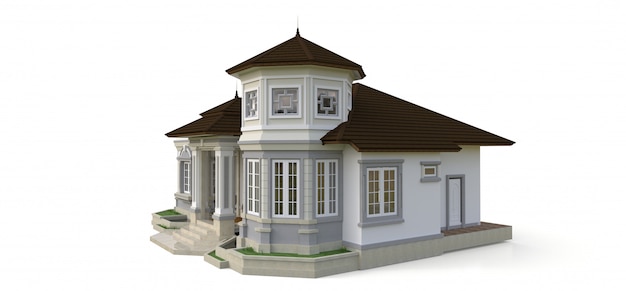 Old house in victorian style. illustration on white background. species from different sides. 3d rendering.