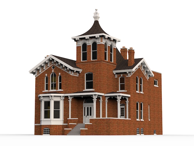 빅토리아 스타일의 오래 된 집입니다. 흰색 배경에 그림입니다. 다른면에서 종. 3d 렌더링.