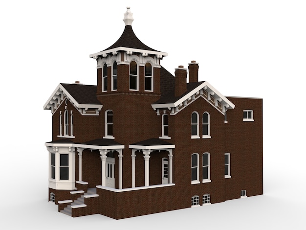 Old house in Victorian style. Illustration on white space. Species from different sides. 3d rendering.