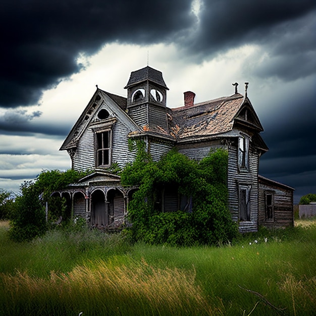 An old house with a bell tower and ivy growing on the front.