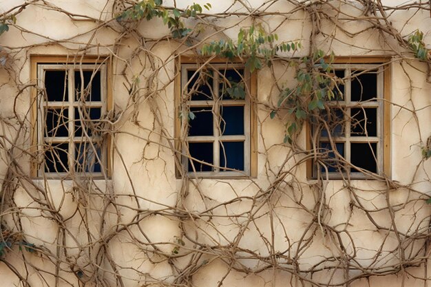 Old house with broken windows and ivy on the wall Background