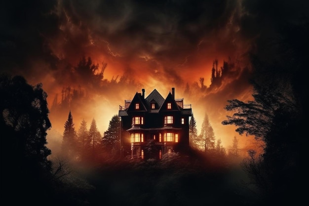 Старый дом с призраком в лесу ночью или заброшенный дом ужасов с призраками