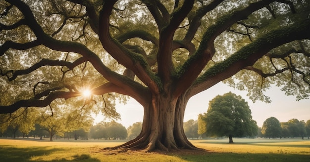 Photo old huge tree in a park with lighting coming through its leaves