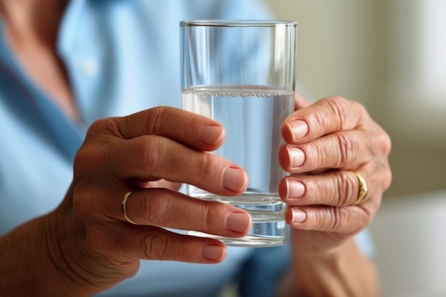 Old human hands close up grandmother holding glass of mineral water woman drinking fresh clear