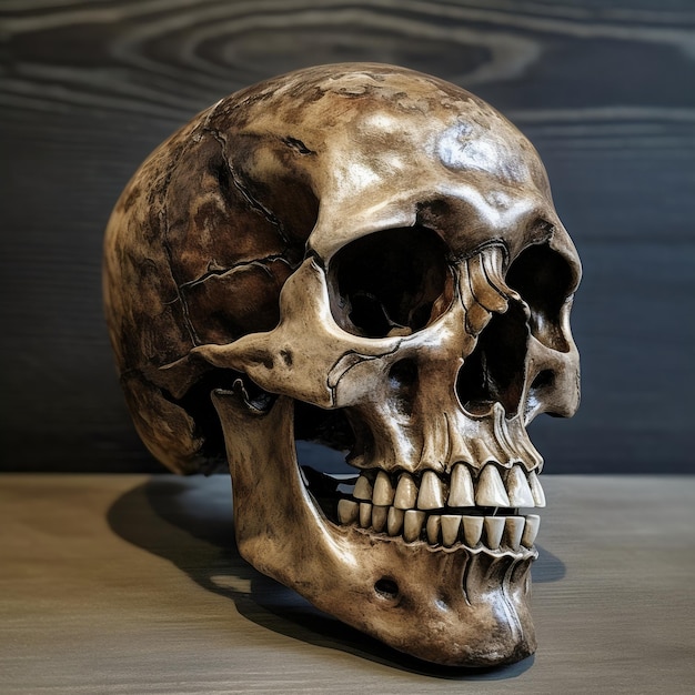 Old human skull on a simple background Halloween decoration Generative AI