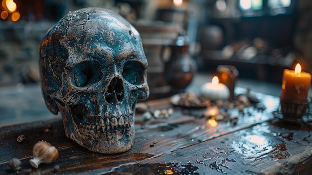 old human skull on the table