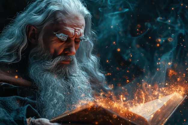 A old ice magic wizard man with long grey hair Ai generative