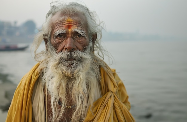 old Indian on a bank of the Ganges