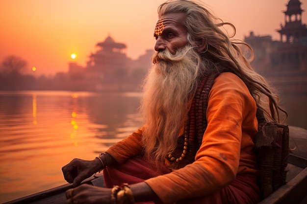 Old indian man on a boat in the river during sunset