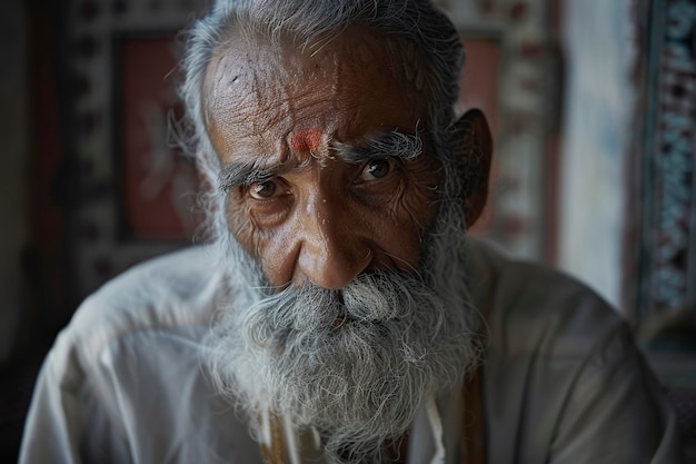 old indian man marked by life wrinkles and gray hair