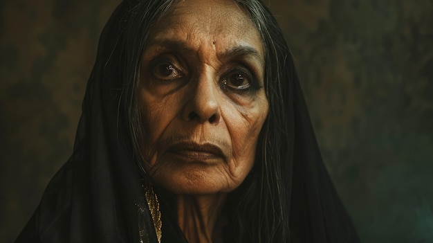 Old Indian Woman with Brown Straight Hair Goth style Illustration