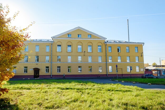 Old industrial building is yellow. Restored as an office center.