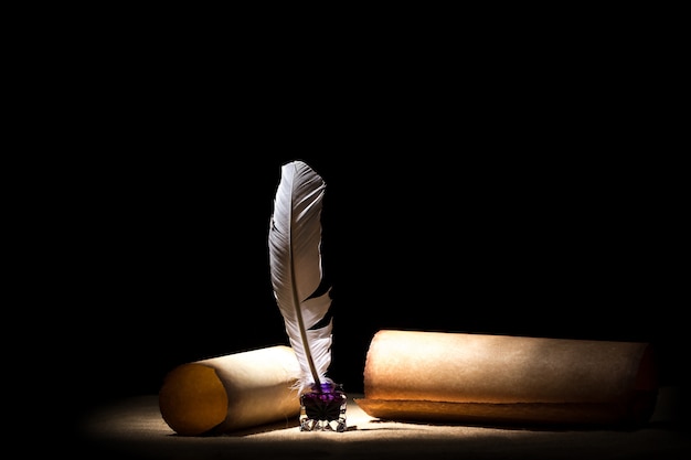 Old inkstand with feather near scrolls against black .