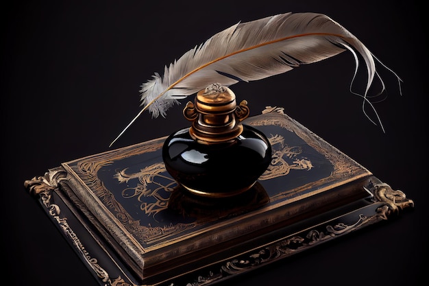 Old inkstand with feather quill blotter seal near scrolls against black background Generative Ai