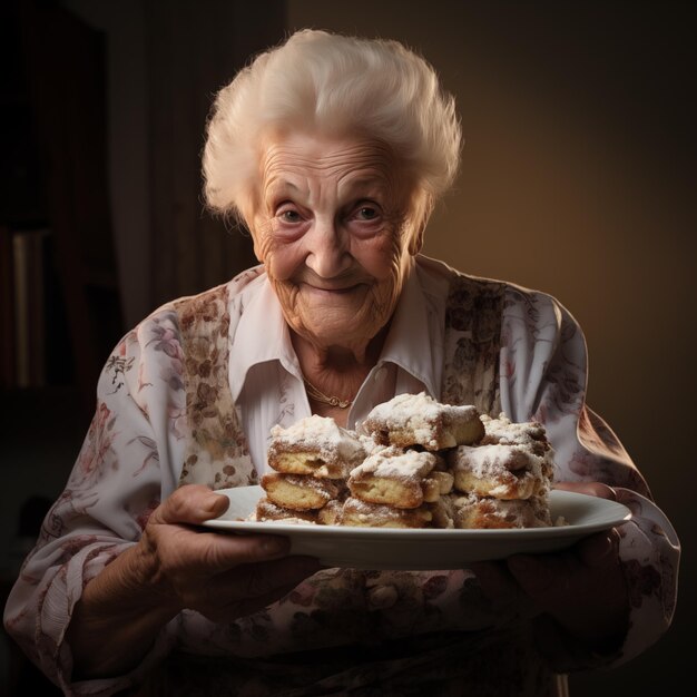 Old Italian granny holding pie pieces s in tray