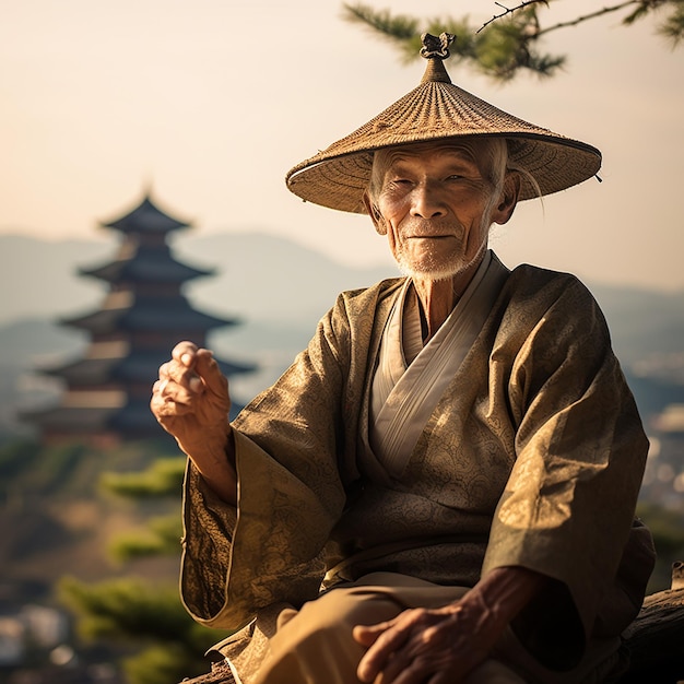 Photo an old japanese man wearing straw hat