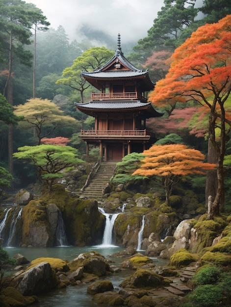 Old Japanese Temple Near Small Waterfall