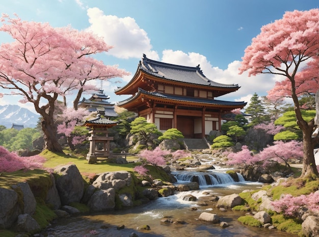 근처에 벚꽃 나무가 있는 옛 일본 사원