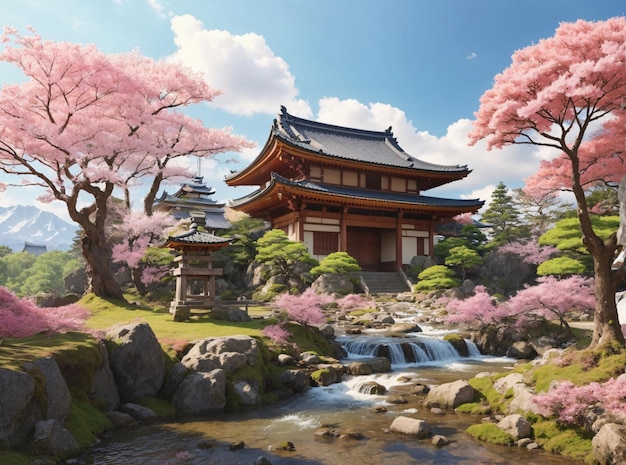 Old Japanese Temple with Cherry Blossom Tree Nearby