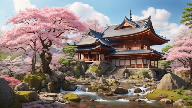 Old Japanese Temple with Cherry Blossom Tree Nearby