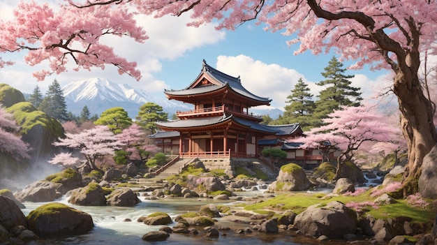 근처에 벚꽃 나무가 있는 옛 일본 사원