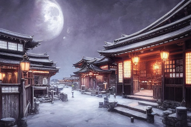 Old Japanese town at night digital art illustration