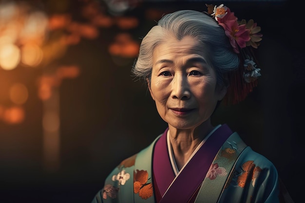 An old japanese woman dressed in the traditional geisha style wearing a kimono with a floral pattern