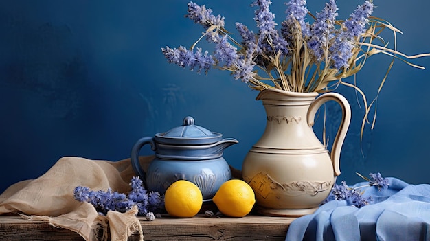 An old jug and flowers on rattan with a blue canvas patterned background