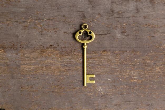 old key on wood background with space