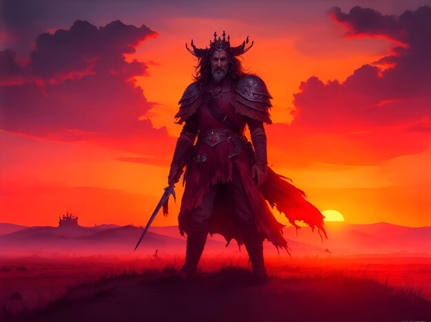 Photo old king in full armor holding a sword on the battlefield vibrant sunset bloody establishing shot